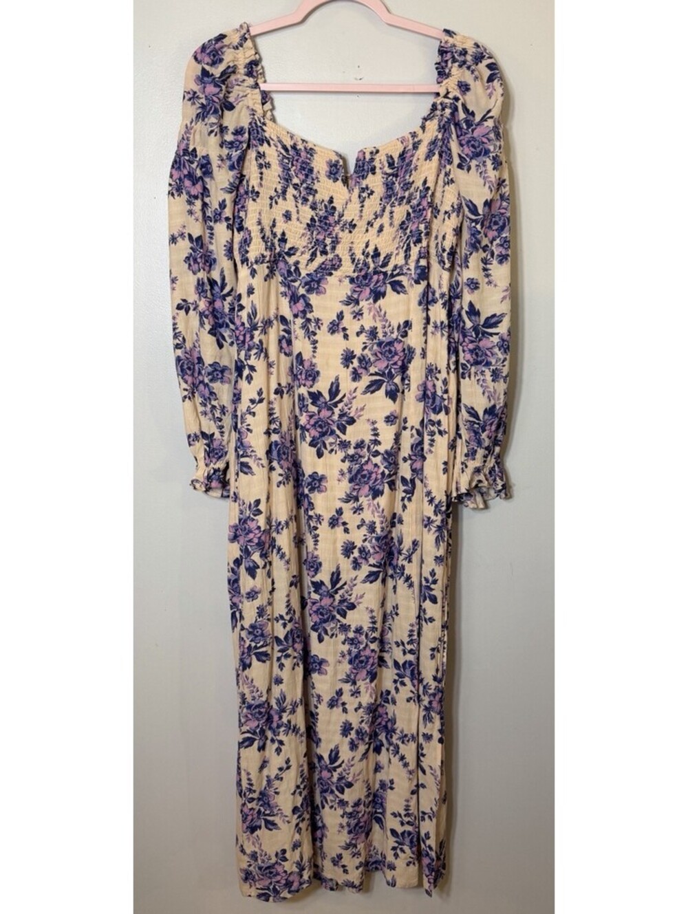 Free People Jaymes Maxi Dress M Cream Purple Floral Smocked Peasant Sleeve Boho